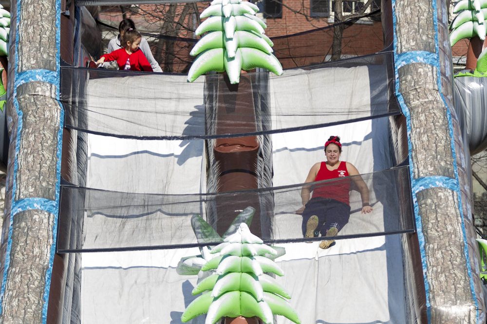 Riding down the Snowzilla slide in Boston Common on Thursday... in a tank top. (Jesse Costa/WBUR)