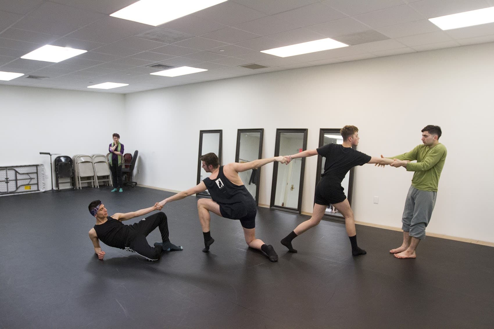 Paradise Lost dance troupe practices in the Lyric Stage Company’s rehearsal space on Clarendon Street. (Joe Difazio for WBUR)