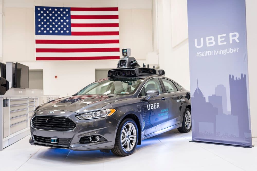 A pilot model Uber self-driving car is displayed at the Uber Advanced Technologies Center.  (Angelo Merendino/AFP/Getty Images)