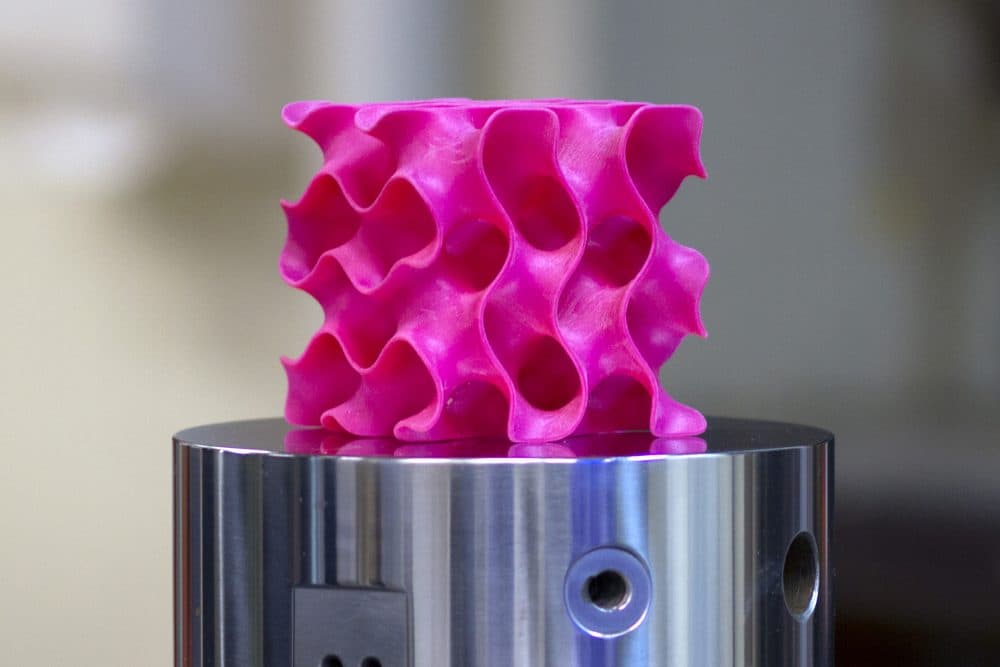 An example of the gyroid structure MIT scientists discovered makes materials more resilient. The surface of the structure is continuous -- it as two sides that fold over one another repeatedly. (Melanie Gonick/MIT)