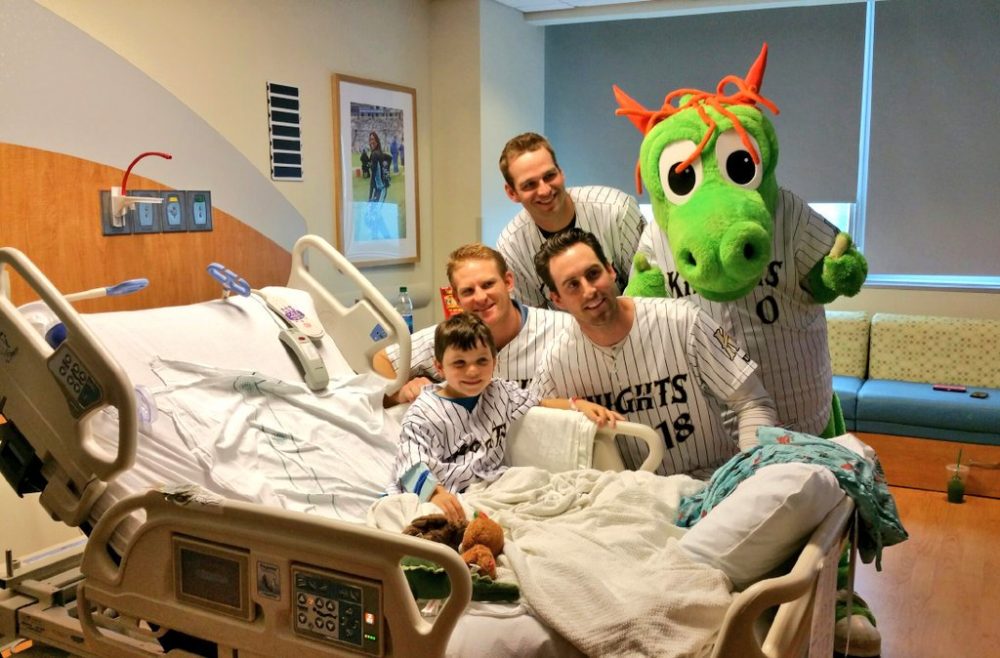 Several Charlotte Knights players and the team's mascot came to visit James David in the hospital after he was hit in the head by a line drive during a game in May 2016. (Charlotte Knights)