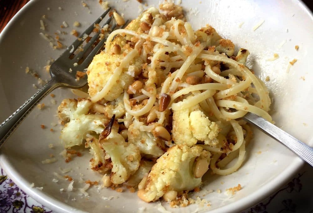 Kathy's roasted cauliflower with toasted breadcrumbs and pine nuts, over pasta. (Kathy Gunst for Here & Now)