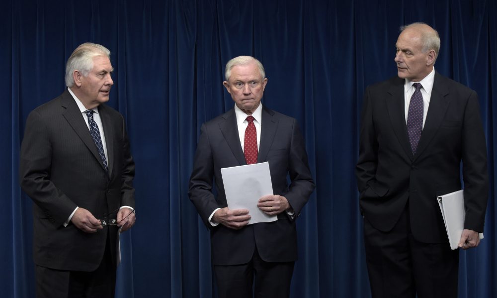 From left, Secretary of State Rex Tillerson, Attorney General Jeff Sessions and Homeland Security Secretary John Kelly arrive for a news conference Monday to make statements about President Trump's new executive order on visas and travel. (Susan Walsh/AP)