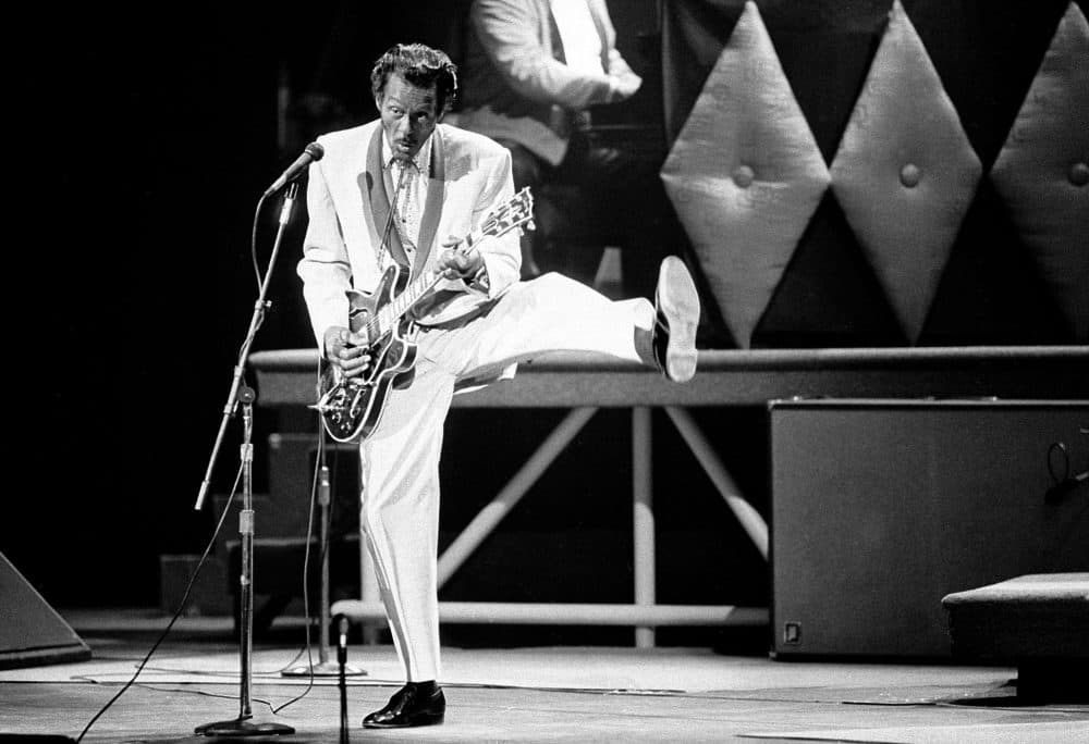 Chuck Berry performs during a concert celebration for his 60th birthday at the Fox Theatre in St. Louis, Missouri on Oct. 17, 1986. (James A. Finley/AP)