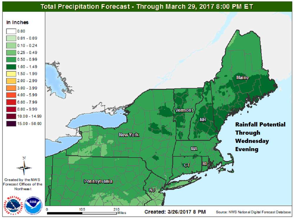 Rainfall today and Tuesday could amount to between half and three-quarters of an inch. (Courtesy NOAA)