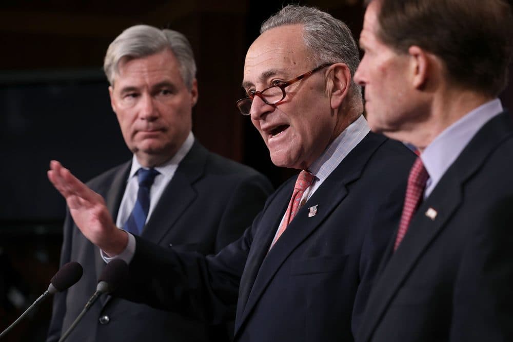 From left to right, Sen. Sheldon Whitehouse (D-R.I.), Senate Minority Leader Charles Schumer (D-N.Y.) and Sen. Richard Blumenthal (D-Conn.) hold a news conference to call on Republicans to reveal the "dark money" donars supporting the confirmation of Judge Neil Gorsuch to the Supreme Court at the U.S. Capitol March 29, 2017 in Washington. The Democratic senators said that Gorsuch was not from the "mainstream" and that the Senate should require 60 votes to confirm him. (Chip Somodevilla/Getty Images)