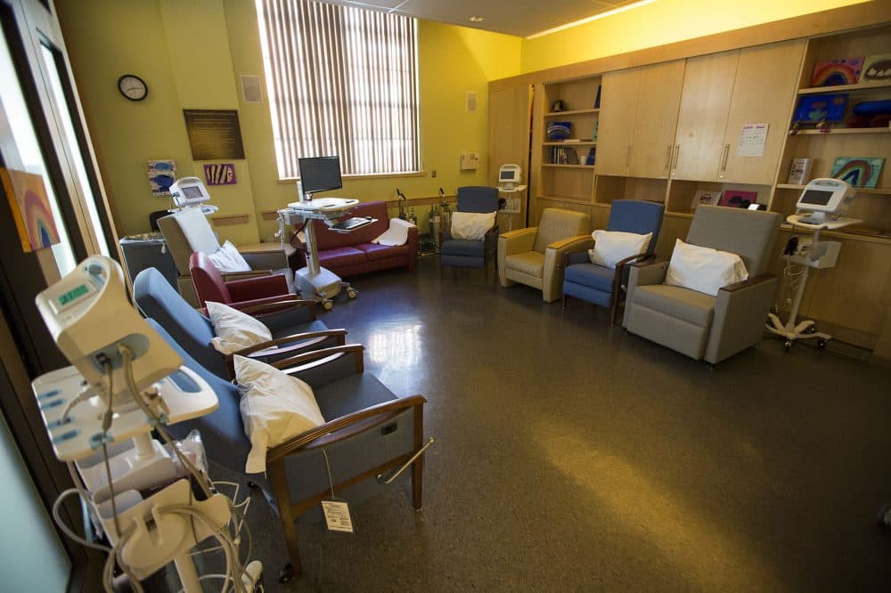 A Safe Injection Facility might look something like this room, with comfortable chairs, machines that monitor vital signs and oxygen tanks. (Jesse Costa/WBUR)