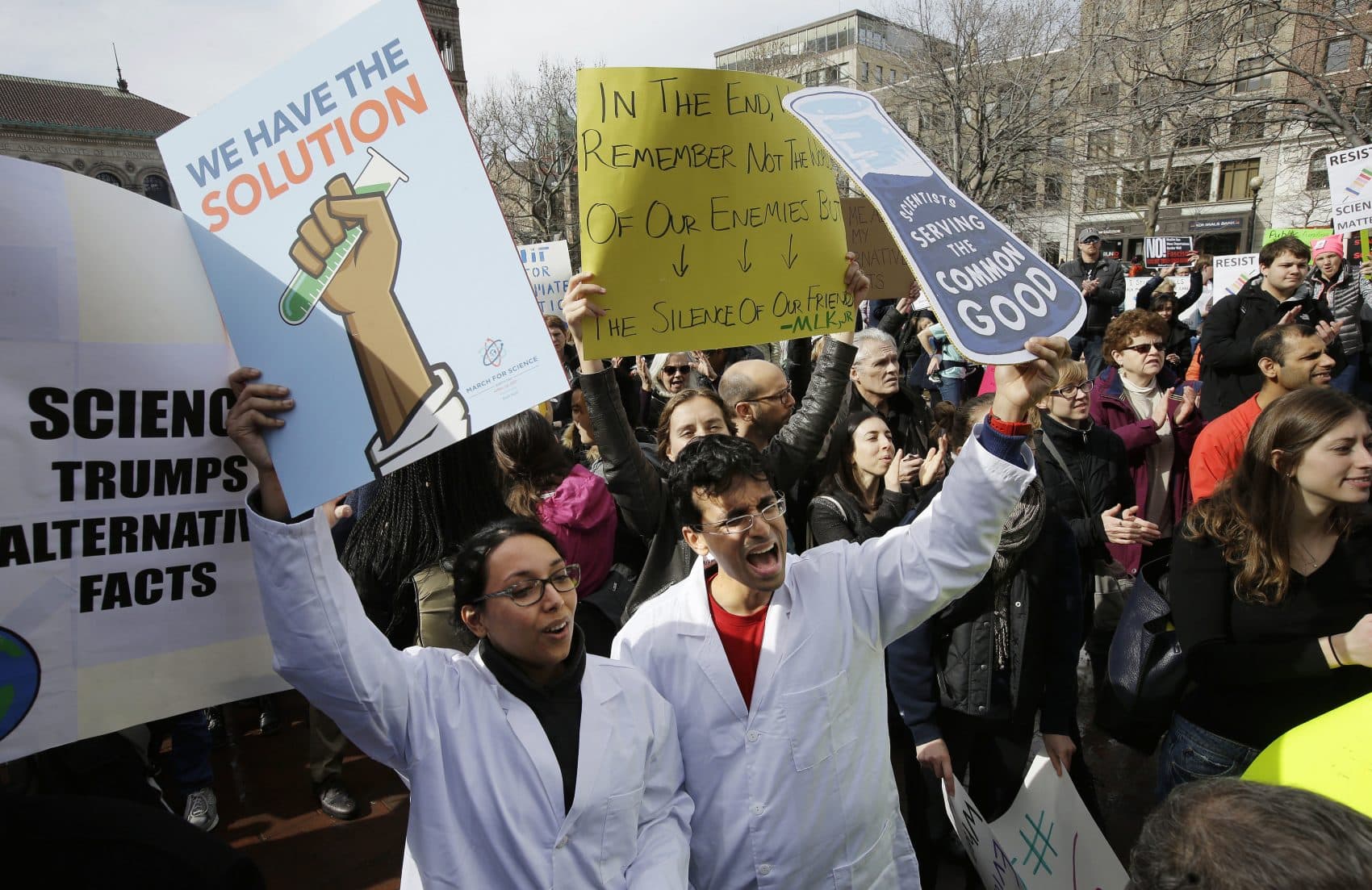 Scientists rally at a February gathering in Boston's Copley Square supporting science and facts. (Steven Senne/AP)