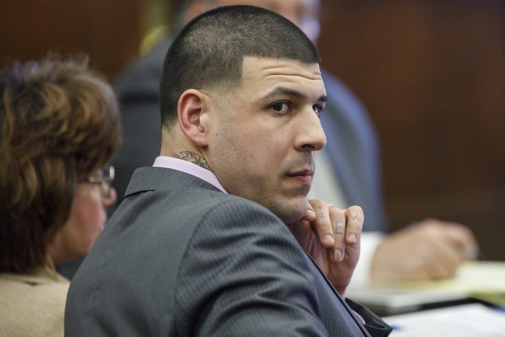 Former New England Patriots tight end Aaron Hernandez sits in court last month. (Pat Greenhouse/The Boston Globe via AP, Pool)