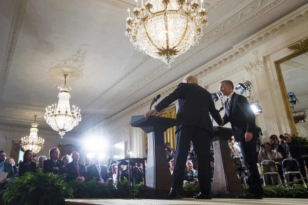 Tomahawks fall on Syria and Trump's ratings go up. United Airlines bungles an apology, but not as badly as Sean Spicer does. And more from Tom Keane's roundup of the week in the news. Pictured: President Donald Trump and NATO Secretary General Jens Stoltenberg shake hands during a news conference Wednesday, April 12, 2017. (Andrew Harnik/AP)