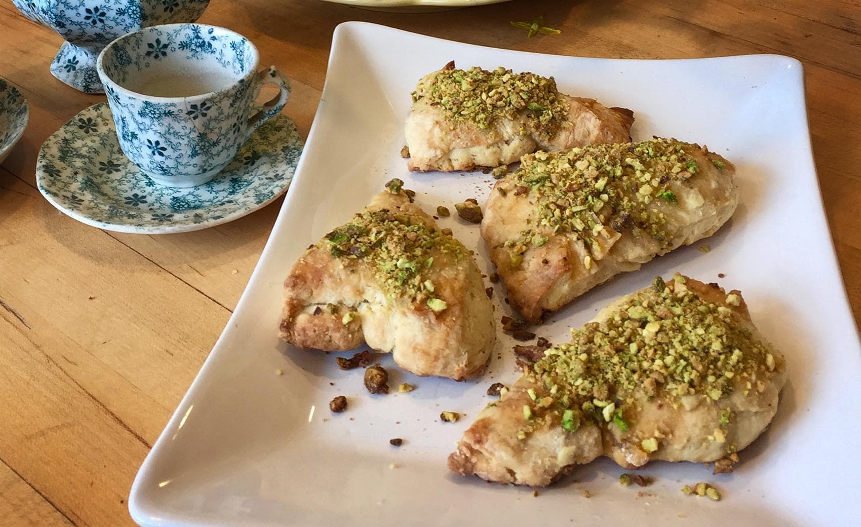 Kathy's ginger buttermilk scones with maple-pistachio nut glaze. (Kathy Gunst for Here & Now)