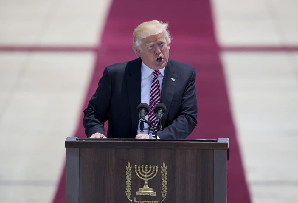 President Trump speaks during welcome ceremony in Tel Aviv on Monday. (Oded Balilty/AP)