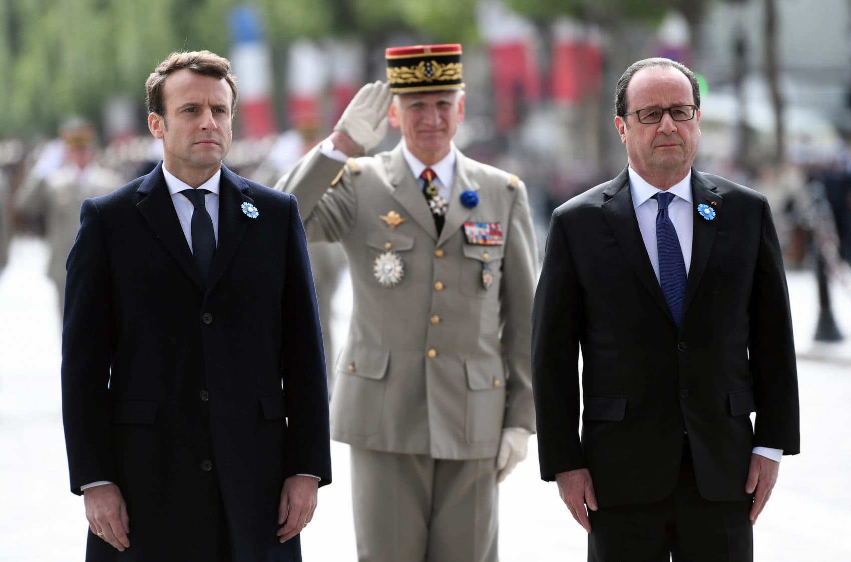 Can the new president bring change to a country where intolerance is very much alive? asks Régine Michelle Jean-Charles. Pictured: French President-elect Emmanuel Macron, left, an current President Francois Hollande, right, attend a ceremony to mark the end of World War II at the Arc de Triomphe in Paris, Monday, May 8, 2017. Macron defeated far-right leader Marine Le Pen handily in Sunday's presidential vote, and now must pull together a majority for his year-old political movement by mid-June legislative elections. (Stepahne de Sakutin, Pool via AP)