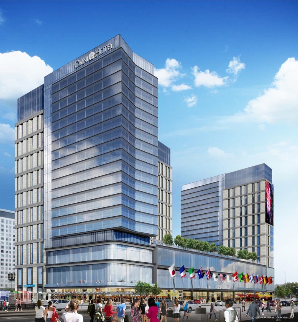 A $550 million Omni hotel will be built near the Boston Convention and Exhibition Center. The development, which will open in 2021, will have two 21-story towers and more than 1,000 hotel rooms.  (Courtesy Elkus Manfredi Architects)