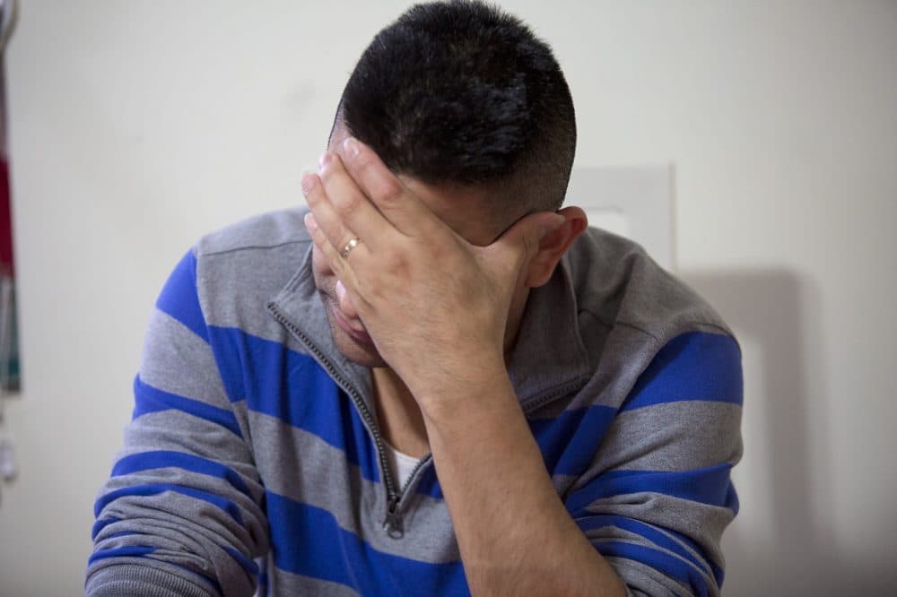 Jose Flores says his injury from falling off a ladder at his construction job in March is still painful. Flores was arrested and detained after he retained legal counsel to seek workers’ compensation. He was released last month. (Jesse Costa/WBUR)