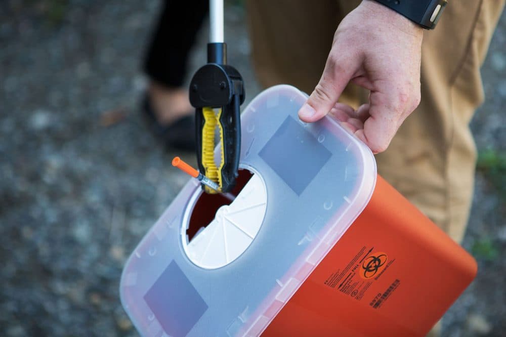 Boston's needle collection team collected more than 20,000 improperly discarded needles in 2016. (Jesse Costa/WBUR)