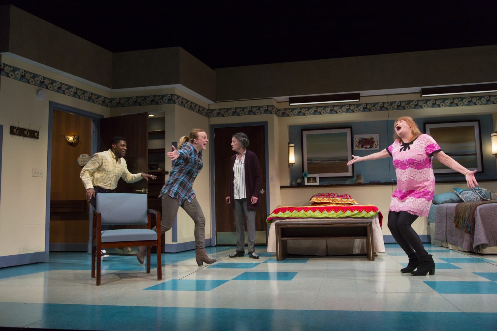(L-R) Richard Prioleau, Laura Latreille, Nancy E. Carroll, and Annie Golden in "Ripcord." (Courtesy Huntington Theatre Company)