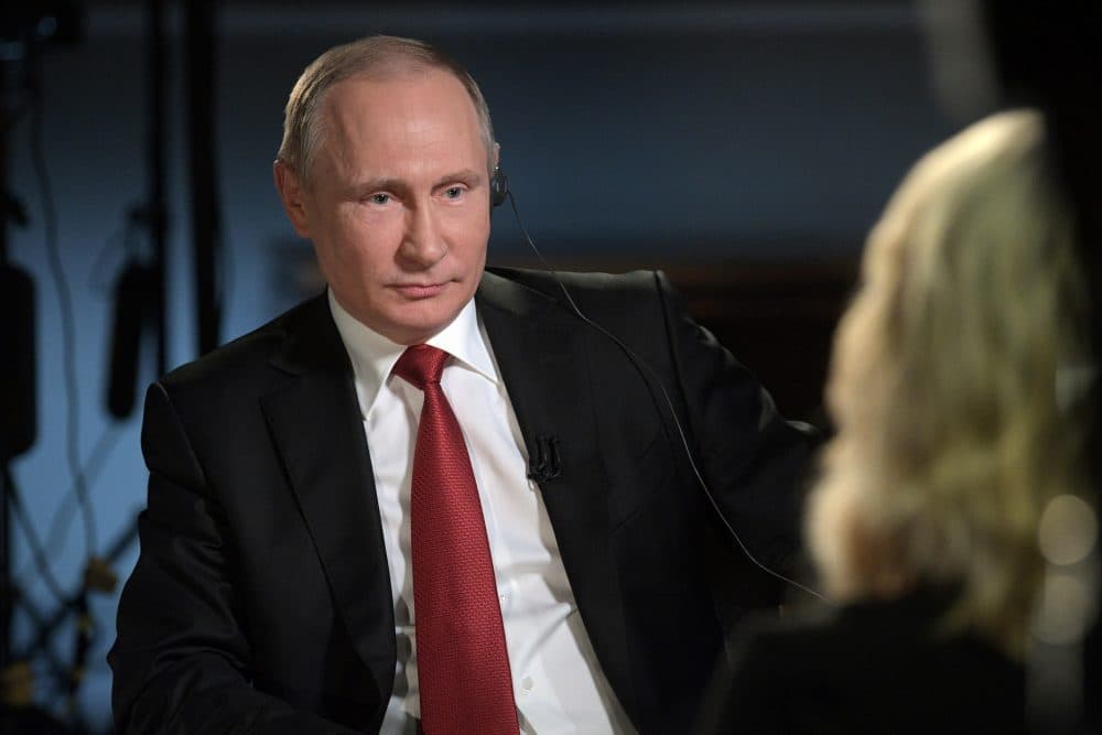 In this Saturday, June 3, 2017, photo released Monday, June 5, 2017, Russian President Vladimir Putin faces an interview with NBC's "Sunday Night with Megyn Kelly" in St. Petersburg, Russia .Putin says claims about Russian involvement in U.S. elections are untrue, and says the United States actively interferes with elections in other countries. (Alexei Druzhinin, Sputnik, Kremlin Pool Photo via AP)