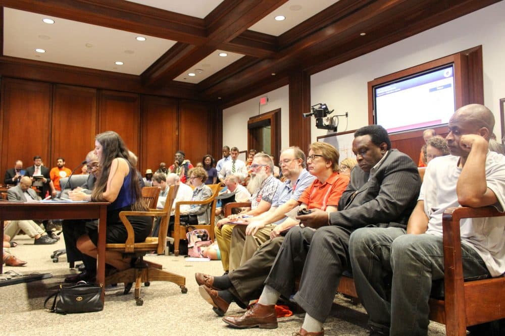 Michelle Nash, adjunct faculty at Springfield Technical Community College, speaks at the June 29 hearing of the Joint Higher Education Committee. (Zac Bears/PHENOM)