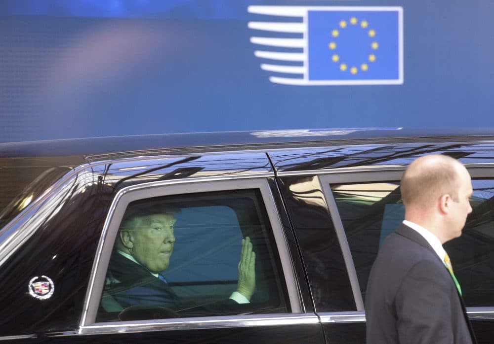 This month marks the 70th anniversary of the Marshall Plan, writes Rich Barlow. We mark that anniversary as President Trump proposes to chainsaw foreign aid. Pictured: President Trump leaves the Europa building in Brussels after meeting EU officials Thursday, May 25, 2017. (Olivier Matthys/AP)