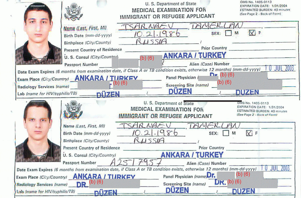 The Medical Examination for Immigrant or Refugee Applicant form, from Tamerlan Tsarnaev's redacted immigration file, from the U.S. Department of State. The top photo depicts Tamerlan Tsarnaev. The bottom photo is an unknown entity.