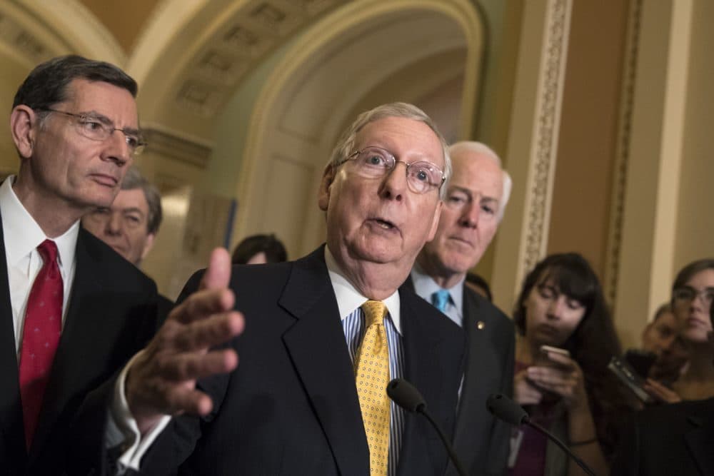 Senate Majority Leader Mitch McConnell, R-Ky., flanked by Sen. John Barrasso, R-Wyo., left, and Majority Whip John Cornyn, R-Texas, speaks at the Capitol in Washington, Tuesday, June 6, 2017. (J. Scott Applewhite/AP)