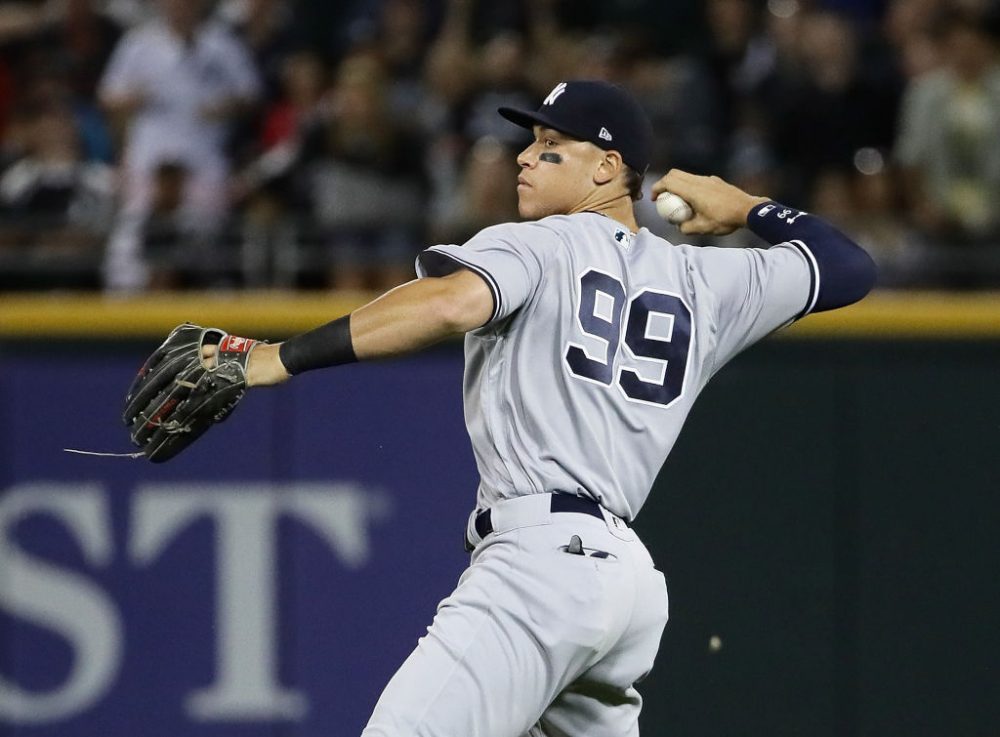 The New York Yankees' Aaron Judge is leading the MLB in home runs as the season nears the halfway point. (Jonathan Daniel/Getty Images)