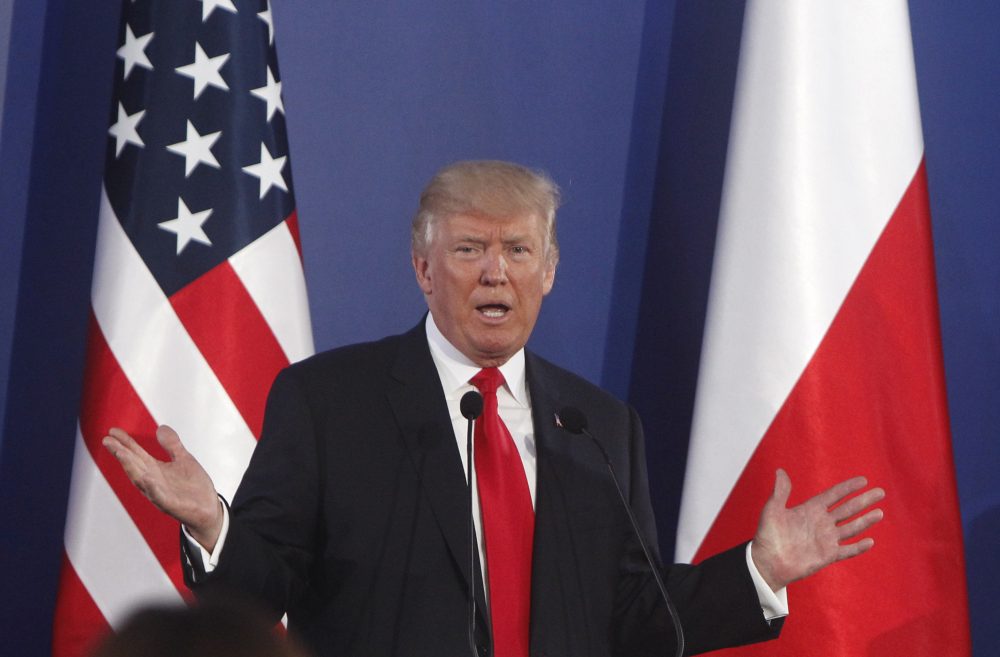 President Donald Trump gestures while answering a question during a joint press conference with Poland's President Andrzej Duda, in Warsaw, Poland, Thursday, July 6, 2017. (Czarek Sokolowski/AP)