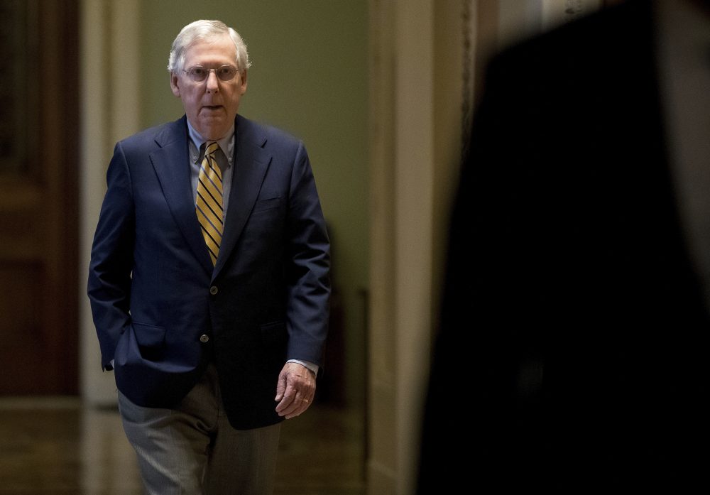 Senate Majority Leader Mitch McConnell of Ky. arrives on Capitol Hill in Washington, Monday, July 17, 2017. (Andrew Harnik/AP)