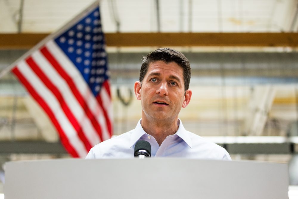 House Speaker Paul Ryan (R-Wisc.) meets with the media during a visit to the New Balance shoe factory on July 20, 2017 in Lawrence, Mass. (Adam Glanzman/Getty Images)