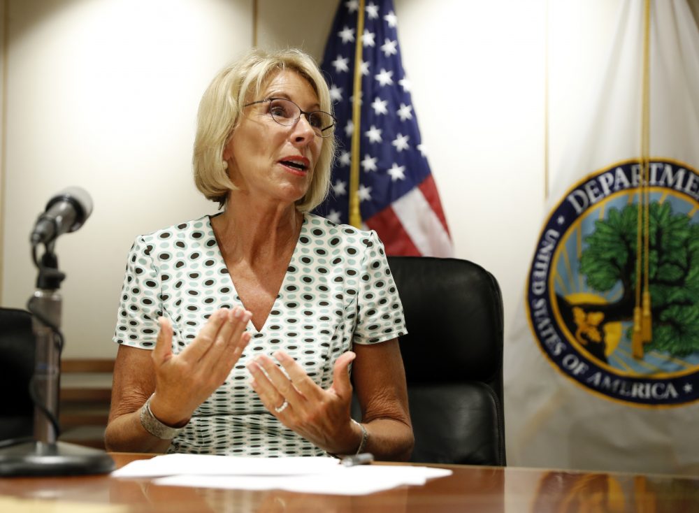 Education Secretary Betsy DeVos speaks with the media after a series of listening sessions about campus sexual violence, Thursday, July 13, 2017, in Washington. (Alex Brandon/AP)