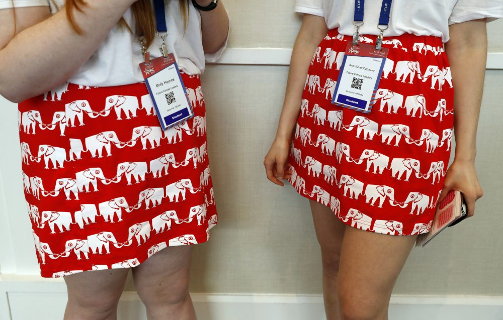 Molly Haynes, left, and Ann Hunter Carraway, with Future Female Leaders, wear GOP themed skirts at the Conservative Political Action Conference (CPAC), Friday, Feb. 24, 2017, in Oxon Hill, Md. (Alex Brandon/AP)