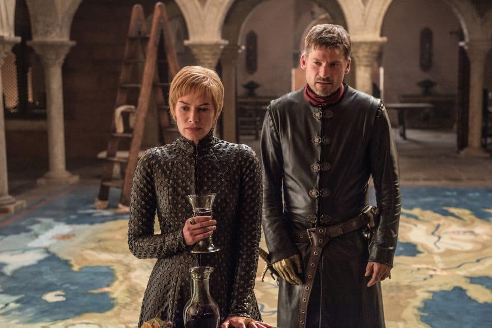 This image released by HBO shows Lena Headey, left, and Nikolaj Coster-Waldau in "Game of Thrones," which premiered its seventh season on Sunday, July 16. (Helen Sloan/AP)