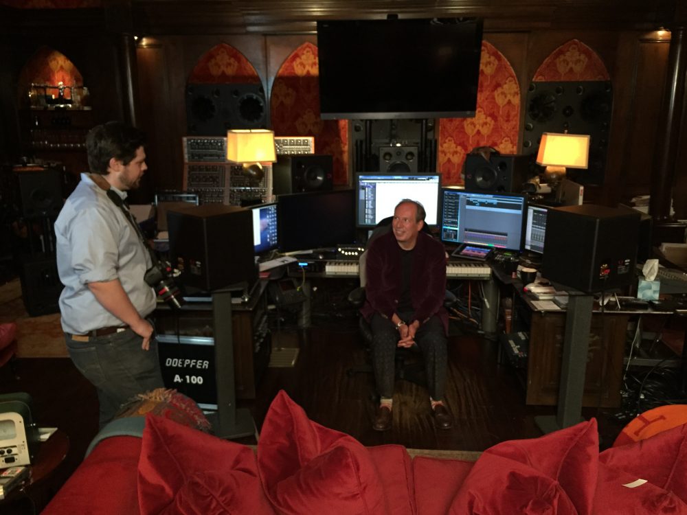 Matt Schrader (left)
and composer Hans Zimmer during the filming of "Score."
(Gravitas Ventures)