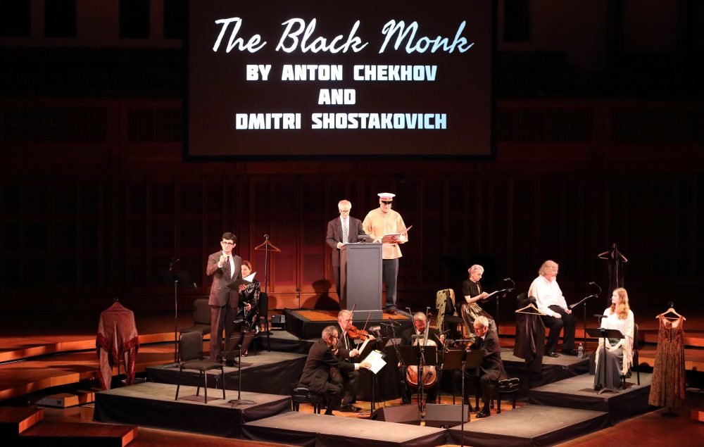 The Emerson String Quartet at Tanglewood Wednesday night. David Strathairn and Jay O. Sanders stand in back at the lectern. (Courtesy of Hilary Scott)