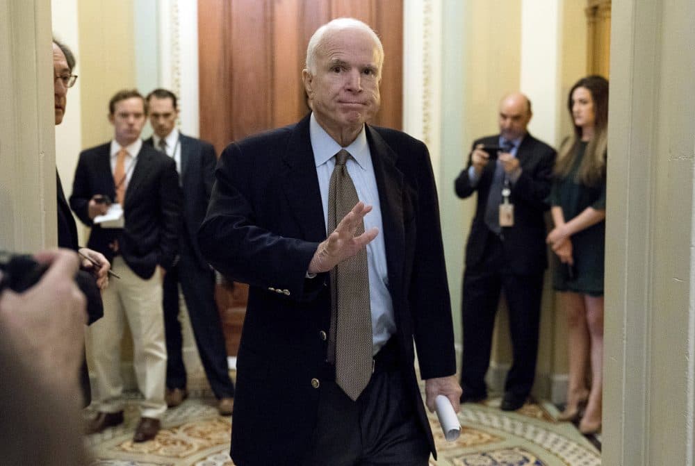 In contrast to President Trump's grand-marshaling a parade of thugs through the White House, writes Rich Barlow, McCain rarely minced words about human rights. Pictured: Sen. John McCain, R-Ariz., arrives for a Senate Republican meeting on a health reform bill in Washington, D.C. on June 22, 2017. (Andrew Harnik/AP)