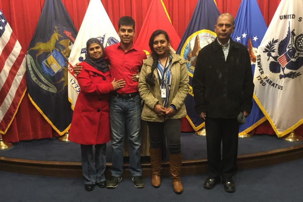 Raheel Siddiqui (second from left), a Muslim Marine recruit who died in March 2016 at Marine Corps Recruit Depot Parris Island in South Carolina, stands with his father Masood (far right), mother Ghazala (far left) and sister Sidra (second from right). (Courtesy of the Siddiqui family)