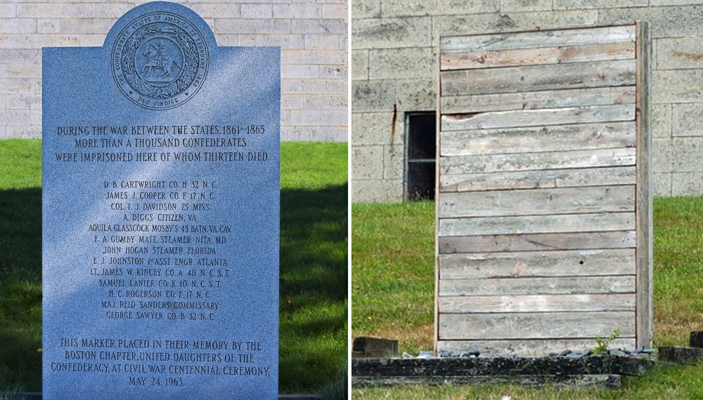 The memorial for Confederate soldiers on Georges Island -- seen on the left before it was covered, and on the right after it was boarded up. (Courtesy Ron Cogswell/Flickr and Adam Gaffin)
