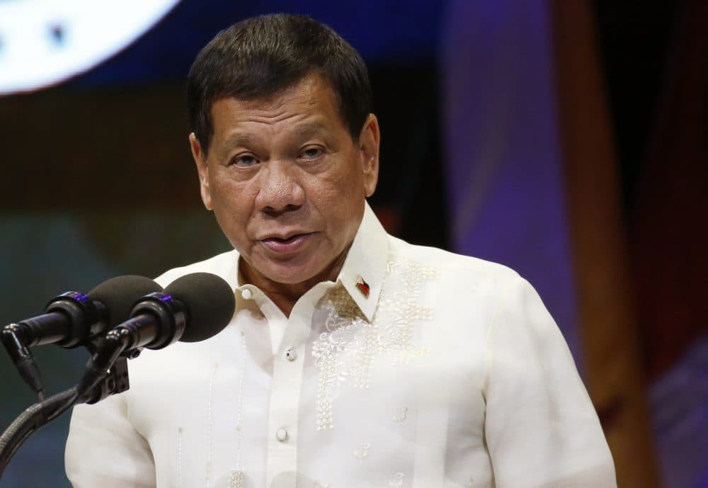 Philippine President Rodrigo Duterte addresses delegates at the closing ceremony of the 50th ASEAN Foreign Ministers Meeting and its 50th Grand Celebration, Tuesday Aug. 8, 2017, at the Philippine International Convention Center in Manila, Philippines. (Bullit Marquez/AP)