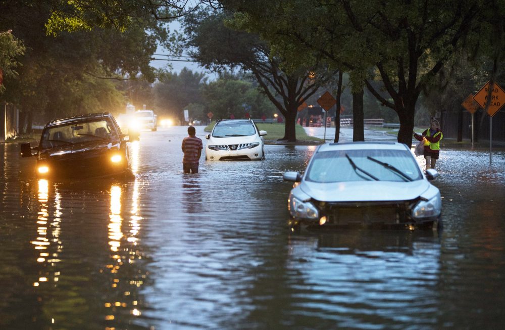 Stranded vehicles sit where they got stuck in high water from now-Tropical Storm Harvey on Dairy Ashford Drive, Aug. 28, 2017 in Houston, Texas. (Erich Schlegel/Getty Images)
