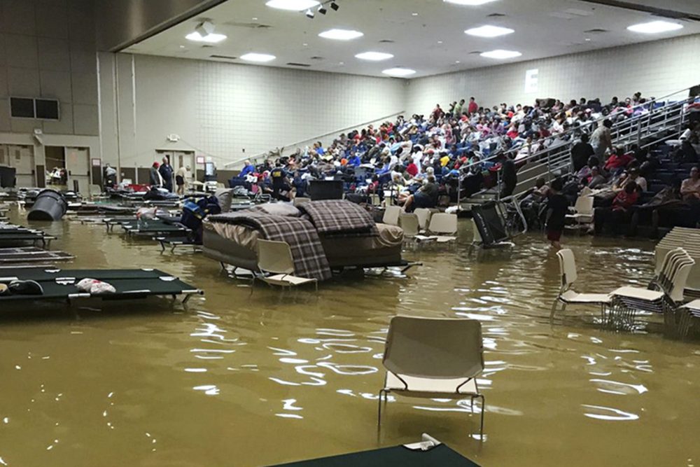 In this photo provided by Beulah Johnson, evacuees sit in the bleachers at the Bowers Civic Center in Port Arthur, Texas, Wednesday, Aug. 30, 2017, after floodwaters caused by Tropical Storm Harvey inundated the facility overnight. Authorities said it's not clear where the evacuees will go. (Beulah Johnson via AP)