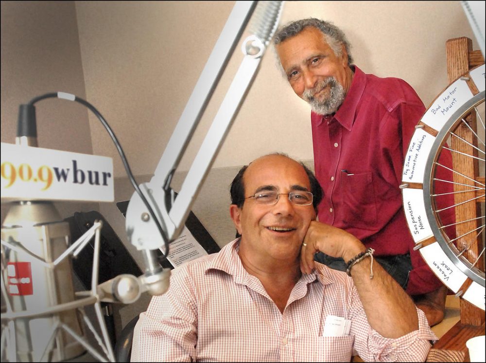 Tom Magliozzi, rear, and Ray Magliozzi celebrate 20 years on the radio at the WBUR studios on June 13, 2007. (Ted Fitzgerald / WBUR)