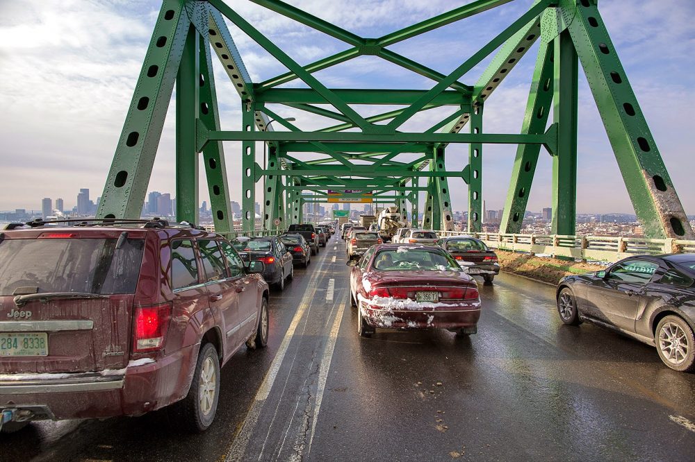 Traffic on the Tobin Bridge going into Boston in February 2015. (Jesse Costa/WBUR)