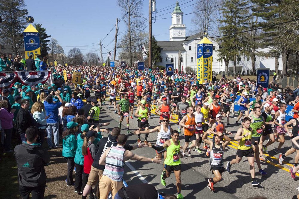 A recent study found Massachusetts to be the third least obese state with an adult obesity rate of just under 24 percent.
---
Wave one of the general runners at the start to the Boston Marathon in Hopkinton, Massachusetts. (Joe Difazio for WBUR)