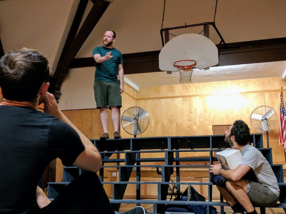 Brown Box Theatre Project actors rehearse for "Hamlet" inside a Dorchester middle school. (Courtesy Brown Box Theatre Project)