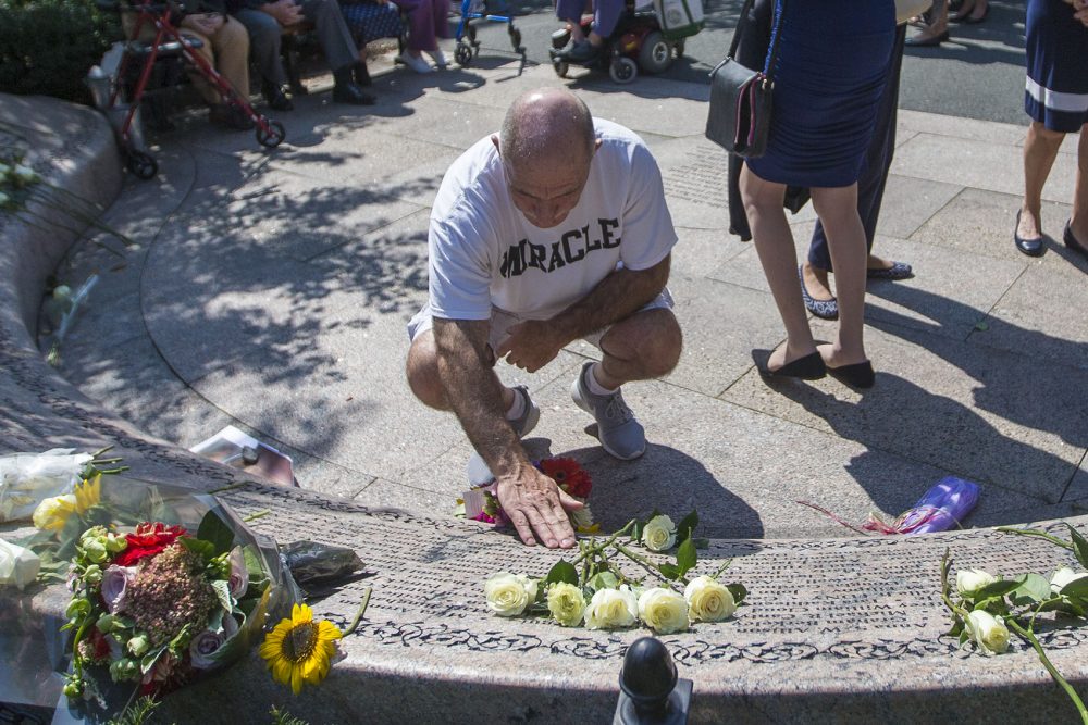 Monday was the first time former United Airlines flight attendant Paul Venito came out to remember five fellow crew members who lost their lives on 9/11. He was working on Flight 175 coming into Boston, and came off the plane before it embarked for Los Angeles. (Jesse Costa/WBUR)