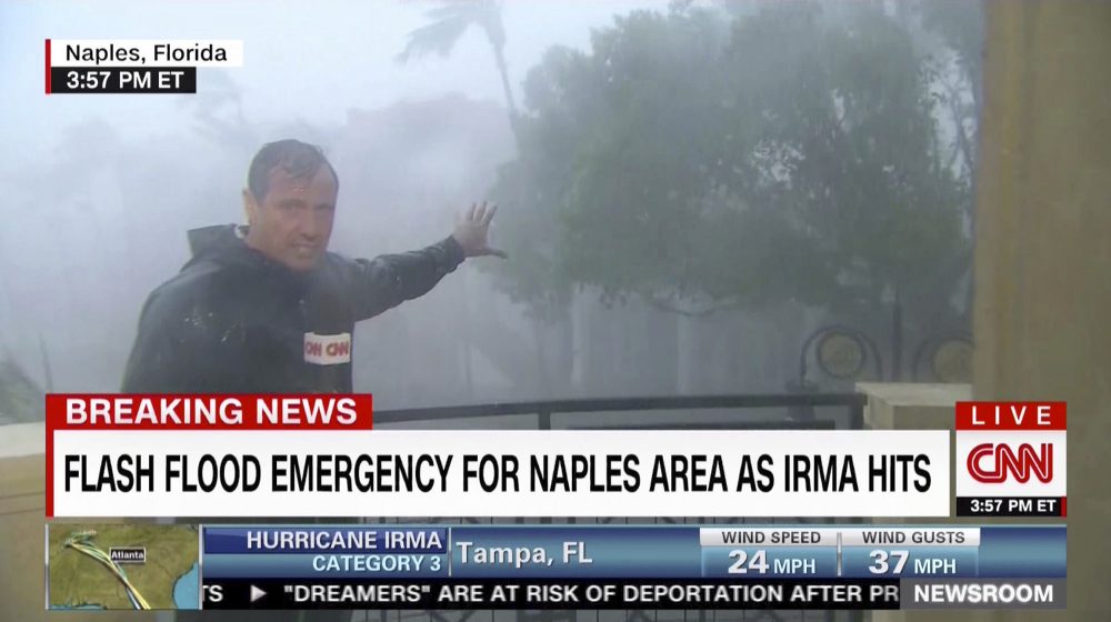 This image taken from video shows CNN's Chris Cuomo during his afternoon coverage of Hurricane Irma in Naples, Fla., on Sunday, Sept. 10, 2017. Journalists were the shock troops allowing the nation to experience the storm from the comfort of their living rooms. Networks all brought their top teams in on the weekend for special coverage, non-stop on the news channels. (CNN via AP)