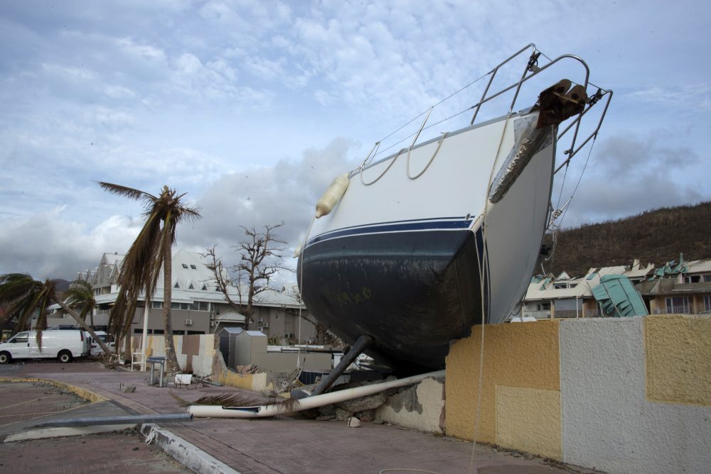 A picture shows a boat on the land on Sept. 14, 2017 in Marigot on the French Caribbean island of St. Martin, after the island was hit by Hurricane Irma. (Helene Valenzuela/AFP/Getty Images)