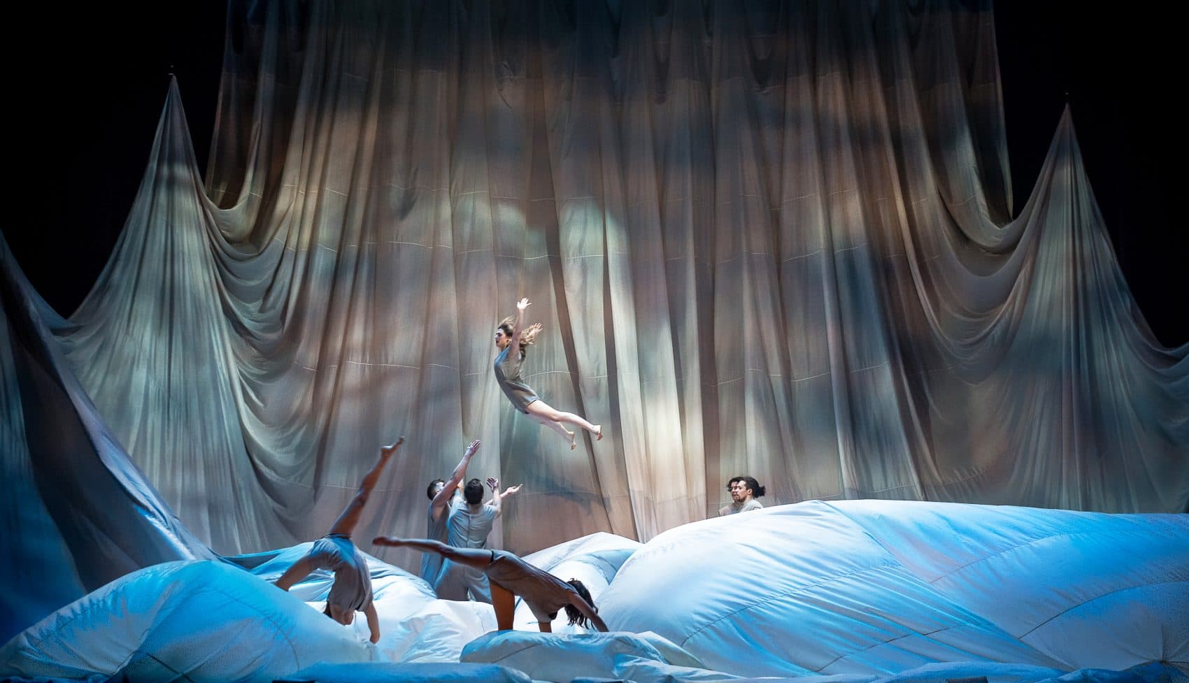The 7 Fingers ensemble performs "Reversible." (Courtesy Alexandre Galliez/ArtsEmerson)