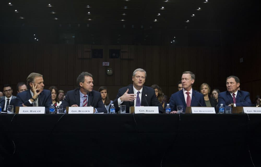 Governors from left; Bill Haslam of Tennessee, Steve Bullock of Montana, Charlie Baker of Massachusetts, John Hickenlooper of Colorado and Gary Herbert of Utah speak during the Senate Health, Education, Labor, and Pensions Committee hearing to discuss ways to stabilize health insurance markets, on Capitol Hill in Washington, Thursday, Sept. 7, 2017. (Jose Luis Magana/AP)